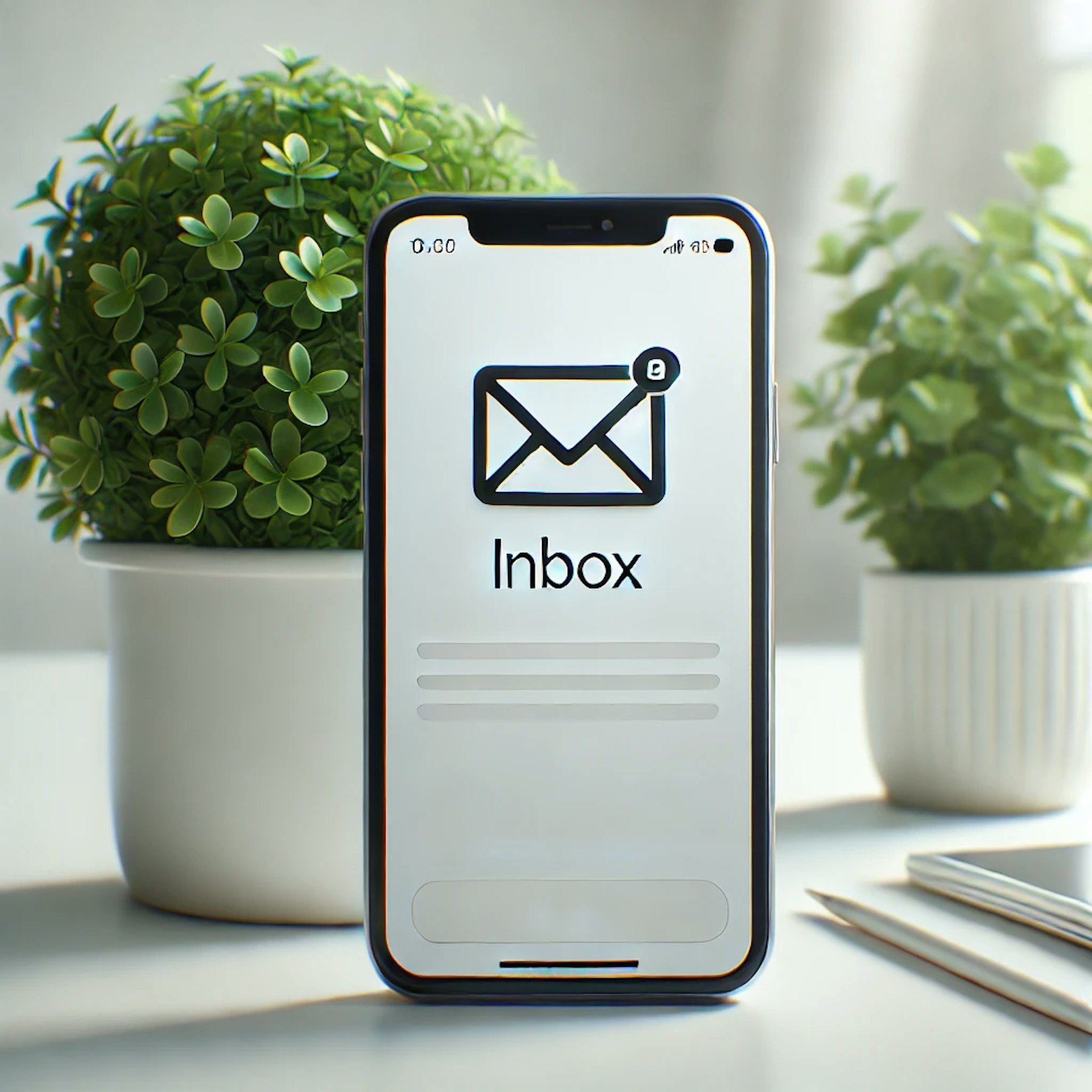 Smartphone displaying an empty inbox with a single envelope icon on a white surface. In the background, there is a small, slightly out-of-focus potted plant. The overall scene is bright and clean, conveying a minimalist aesthetic.